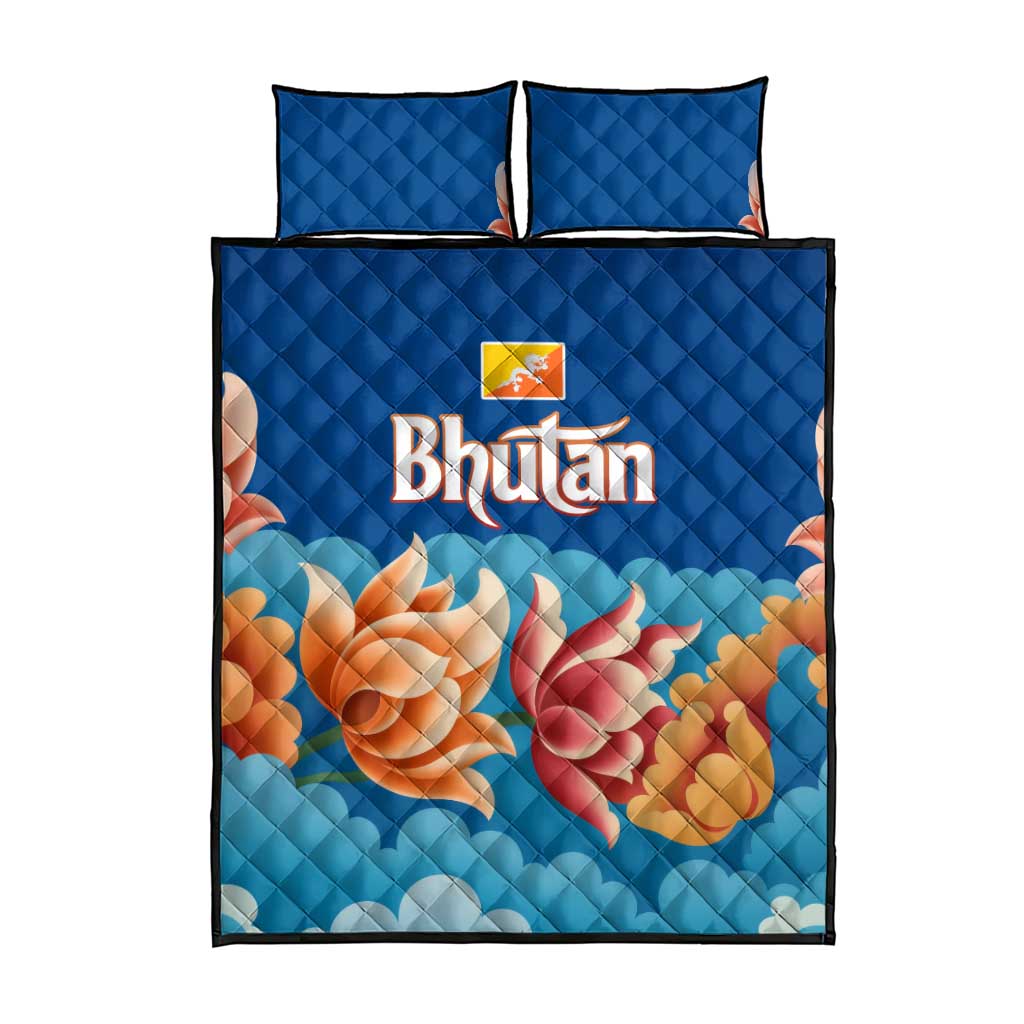 Bhutan Lotus Blossom Quilt Bed Set with White Dragon and Sacred Cloud Harmony