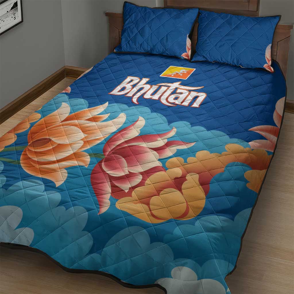 Bhutan Lotus Blossom Quilt Bed Set with White Dragon and Sacred Cloud Harmony
