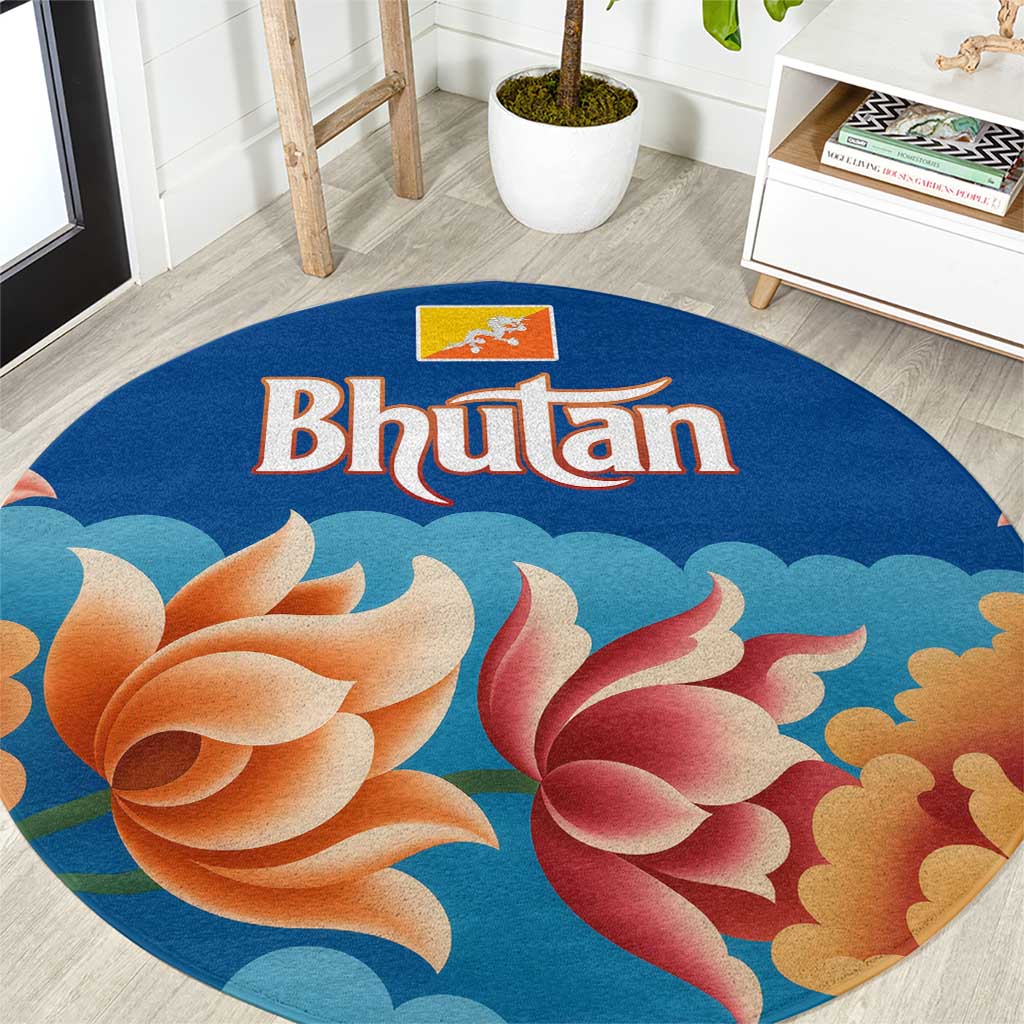 Bhutan Lotus Blossom Round Carpet with White Dragon and Sacred Cloud Harmony