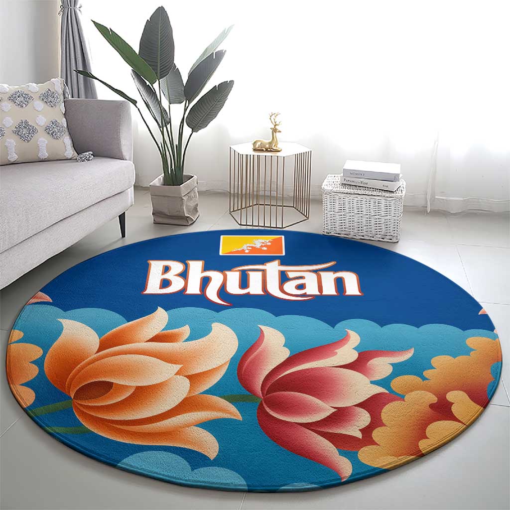Bhutan Lotus Blossom Round Carpet with White Dragon and Sacred Cloud Harmony