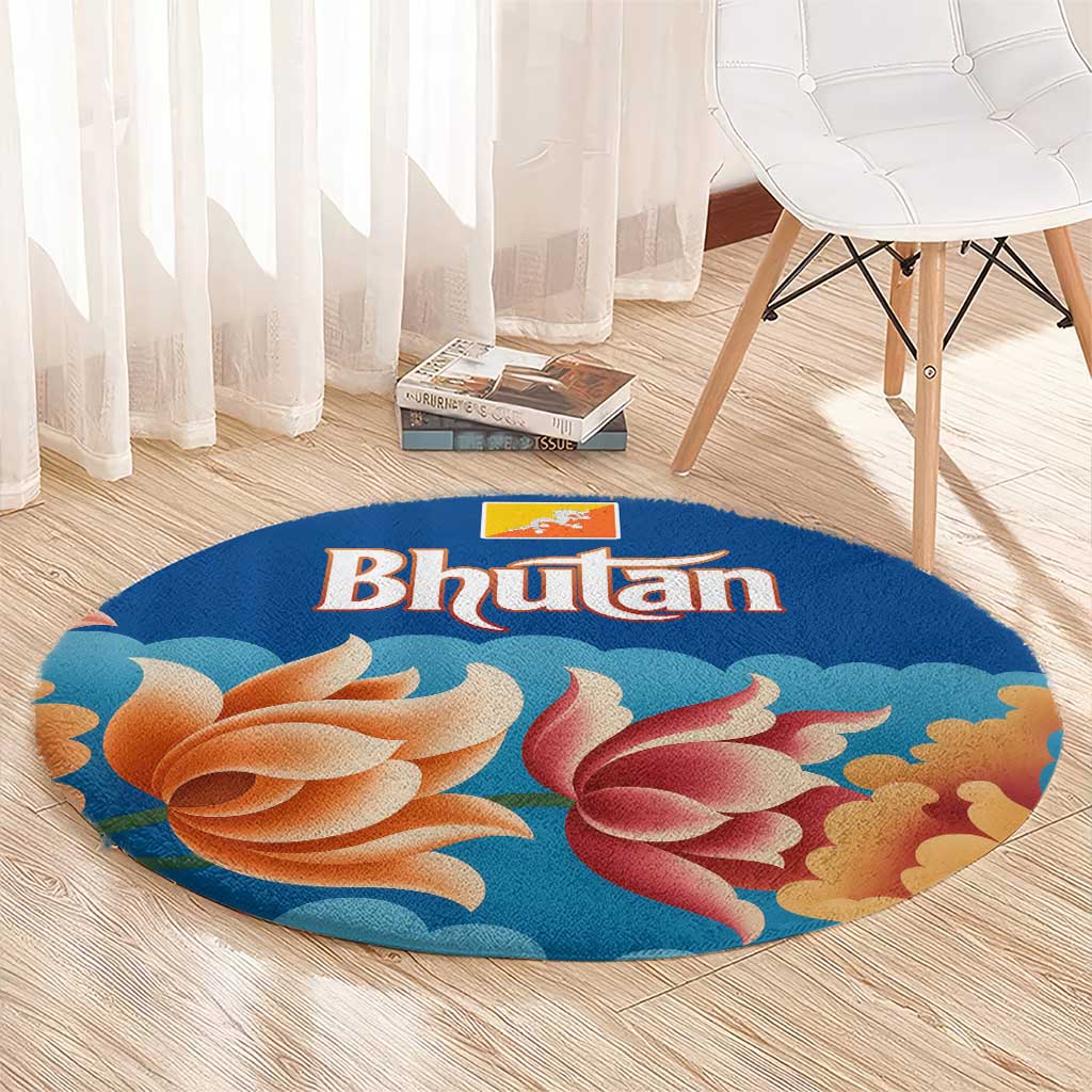 Bhutan Lotus Blossom Round Carpet with White Dragon and Sacred Cloud Harmony
