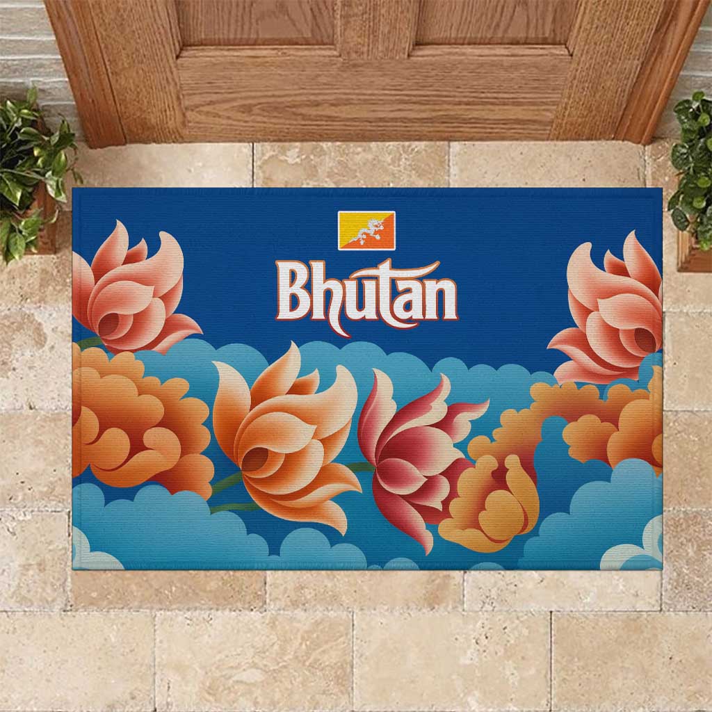 Bhutan Lotus Blossom Rubber Doormat with White Dragon and Sacred Cloud Harmony