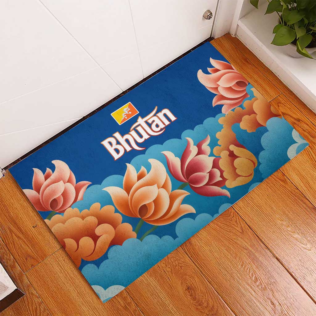 Bhutan Lotus Blossom Rubber Doormat with White Dragon and Sacred Cloud Harmony