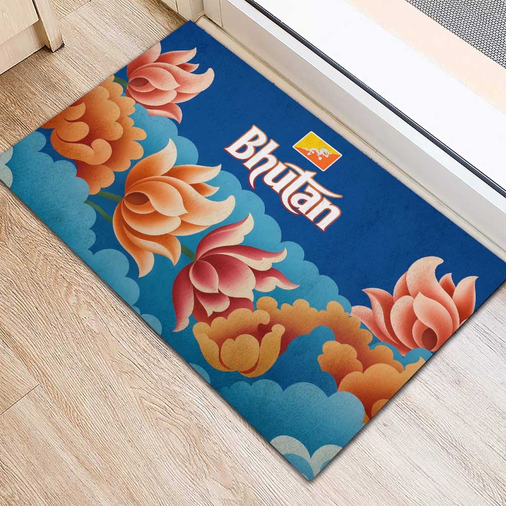 Bhutan Lotus Blossom Rubber Doormat with White Dragon and Sacred Cloud Harmony
