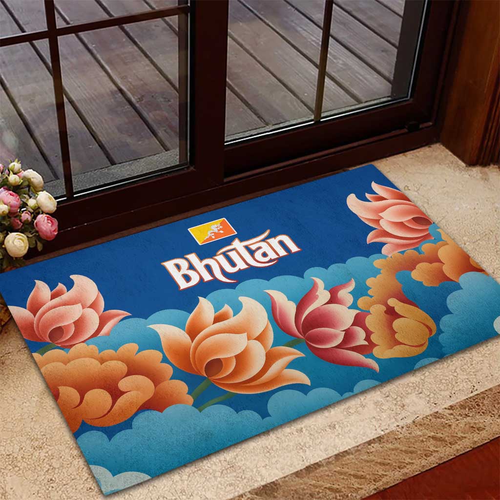 Bhutan Lotus Blossom Rubber Doormat with White Dragon and Sacred Cloud Harmony