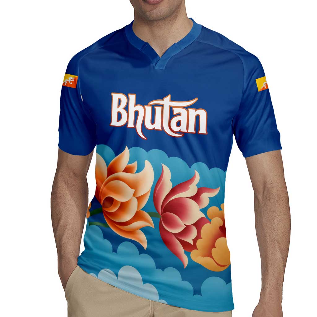 Bhutan Lotus Blossom Rugby Jersey with White Dragon and Sacred Cloud Harmony
