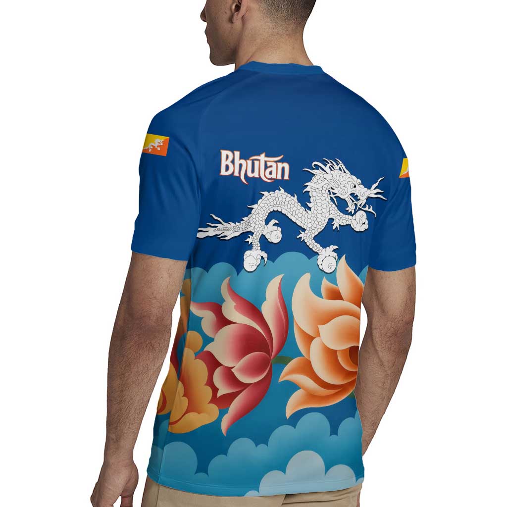 Bhutan Lotus Blossom Rugby Jersey with White Dragon and Sacred Cloud Harmony