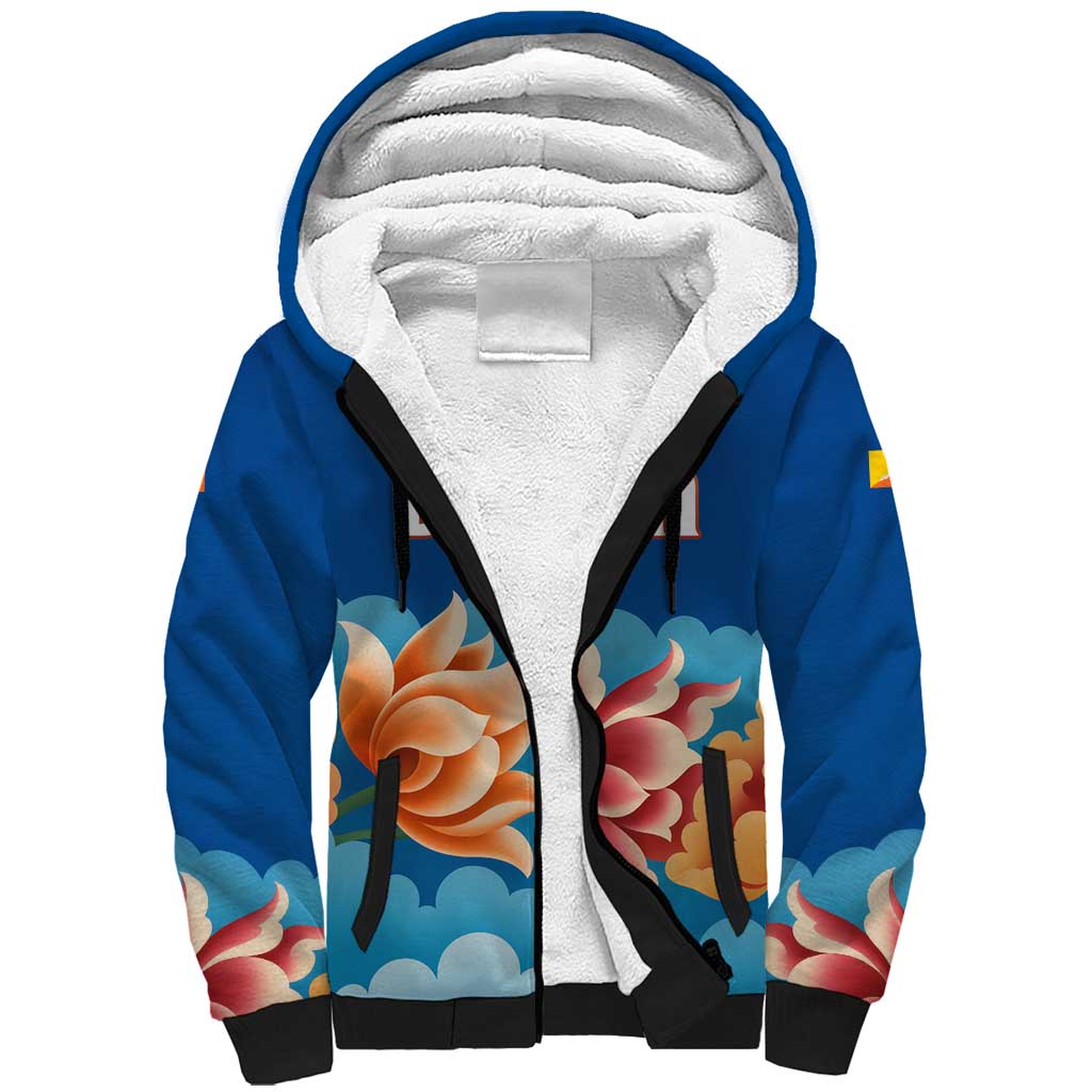 Bhutan Lotus Blossom Sherpa Hoodie with White Dragon and Sacred Cloud Harmony