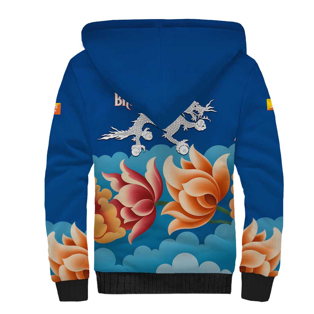 Bhutan Lotus Blossom Sherpa Hoodie with White Dragon and Sacred Cloud Harmony