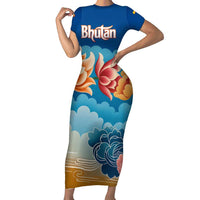 Bhutan Lotus Blossom Short Sleeve Bodycon Dress with White Dragon and Sacred Cloud Harmony