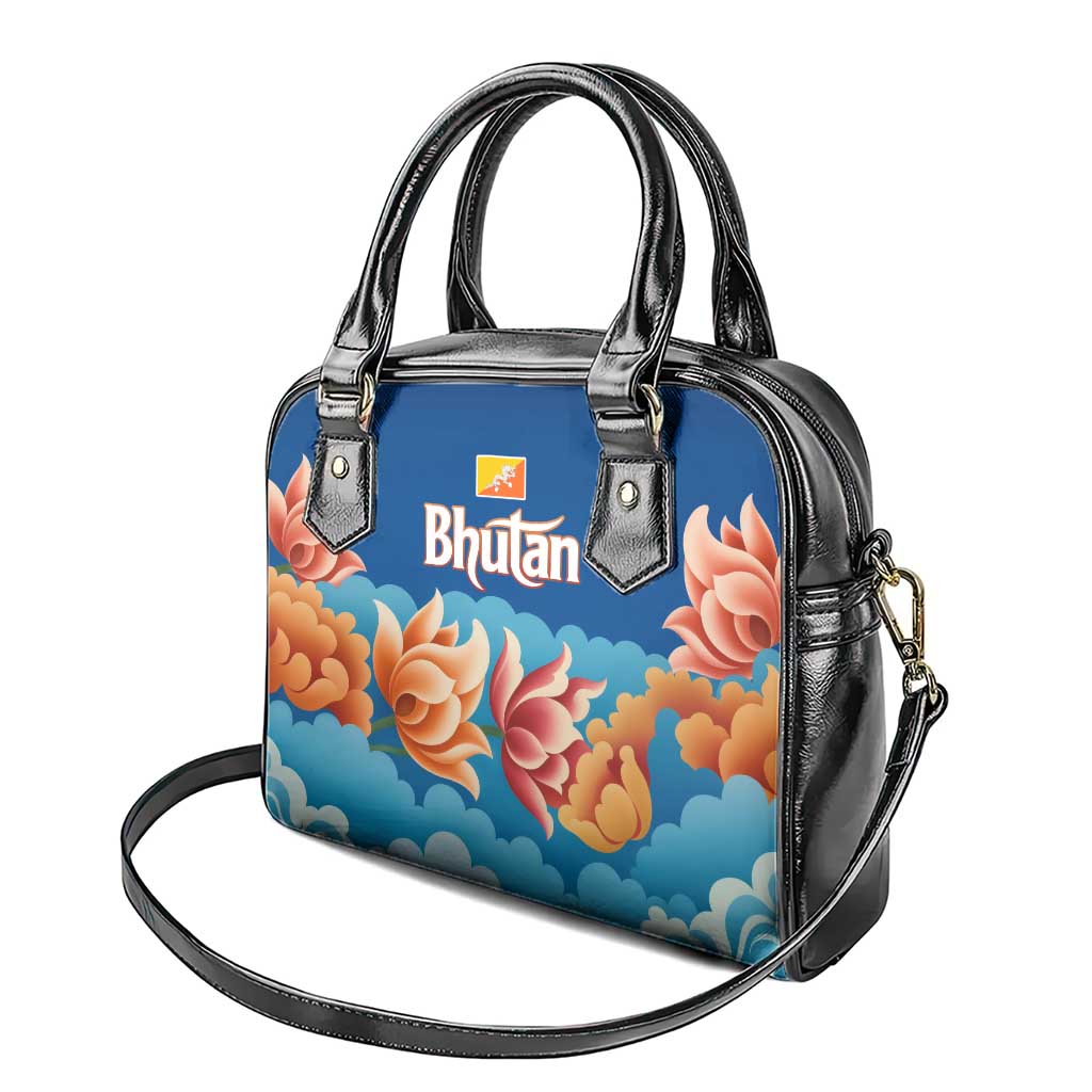Bhutan Lotus Blossom Shoulder Handbag with White Dragon and Sacred Cloud Harmony