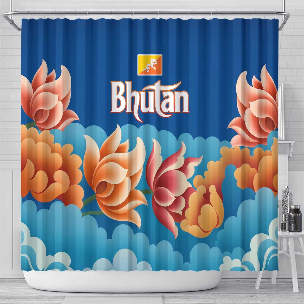 Bhutan Lotus Blossom Shower Curtain with White Dragon and Sacred Cloud Harmony