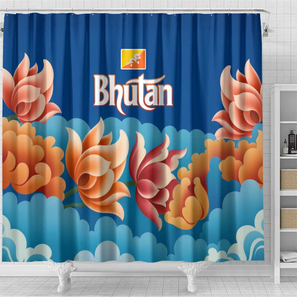 Bhutan Lotus Blossom Shower Curtain with White Dragon and Sacred Cloud Harmony