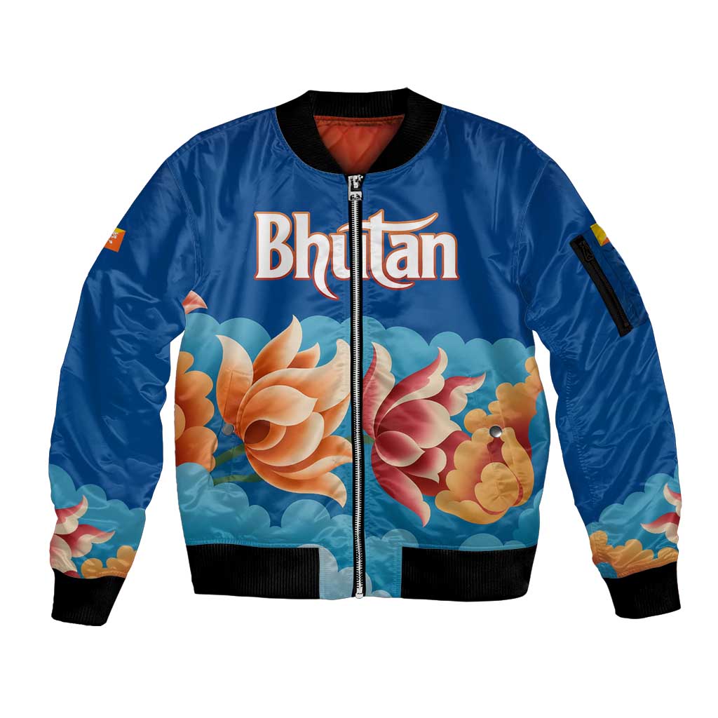 Bhutan Lotus Blossom Sleeve Zip Bomber Jacket with White Dragon and Sacred Cloud Harmony