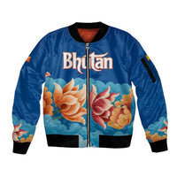 Bhutan Lotus Blossom Sleeve Zip Bomber Jacket with White Dragon and Sacred Cloud Harmony