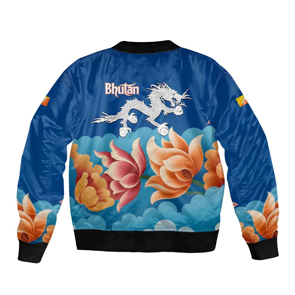 Bhutan Lotus Blossom Sleeve Zip Bomber Jacket with White Dragon and Sacred Cloud Harmony