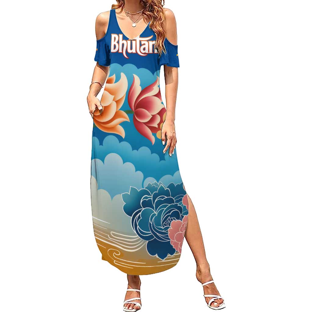 Bhutan Lotus Blossom Summer Maxi Dress with White Dragon and Sacred Cloud Harmony