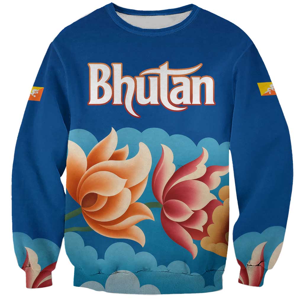 Bhutan Lotus Blossom Sweatshirt with White Dragon and Sacred Cloud Harmony