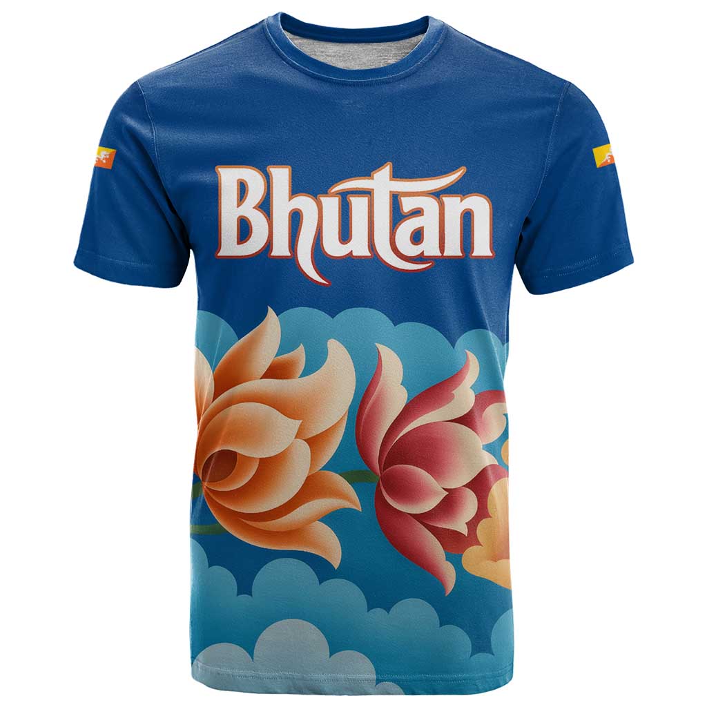 Bhutan Lotus Blossom T Shirt with White Dragon and Sacred Cloud Harmony