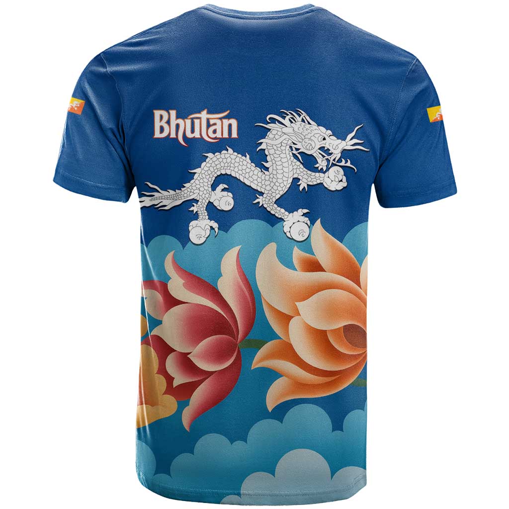 Bhutan Lotus Blossom T Shirt with White Dragon and Sacred Cloud Harmony
