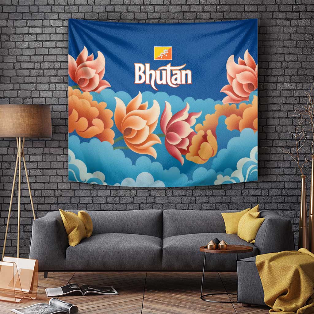 Bhutan Lotus Blossom Tapestry with White Dragon and Sacred Cloud Harmony