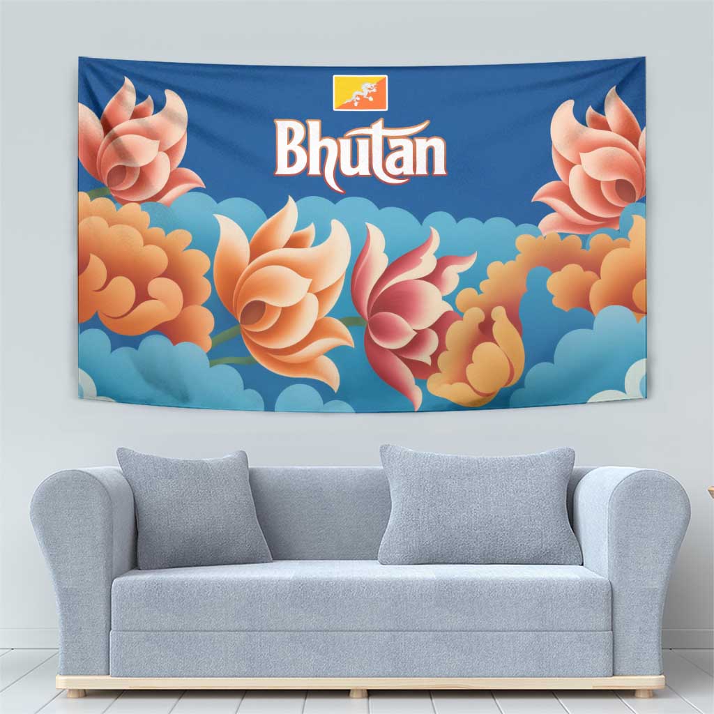 Bhutan Lotus Blossom Tapestry with White Dragon and Sacred Cloud Harmony