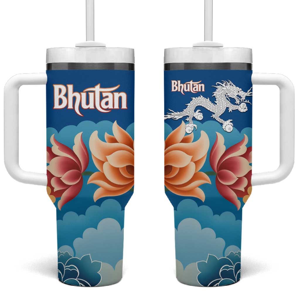Bhutan Lotus Blossom Tumbler With Handle with White Dragon and Sacred Cloud Harmony