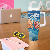 Bhutan Lotus Blossom Tumbler With Handle with White Dragon and Sacred Cloud Harmony