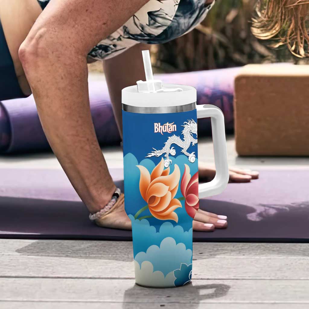 Bhutan Lotus Blossom Tumbler With Handle with White Dragon and Sacred Cloud Harmony