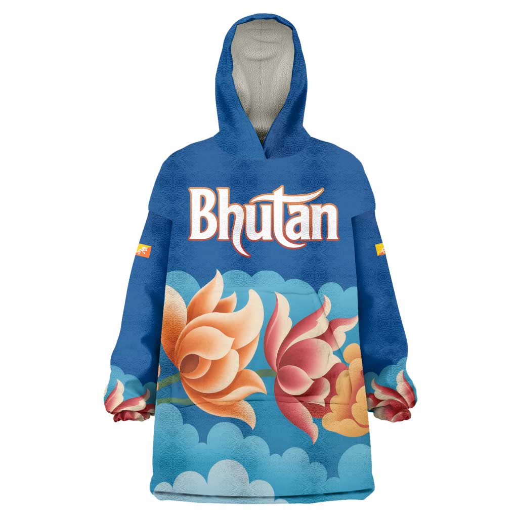 Bhutan Lotus Blossom Wearable Blanket Hoodie with White Dragon and Sacred Cloud Harmony
