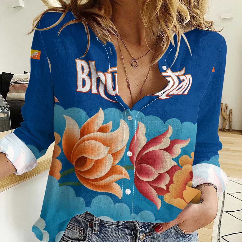 Bhutan Lotus Blossom Women Casual Shirt with White Dragon and Sacred Cloud Harmony