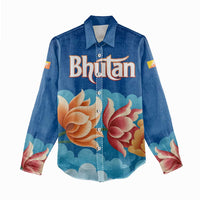 Bhutan Lotus Blossom Women Casual Shirt with White Dragon and Sacred Cloud Harmony