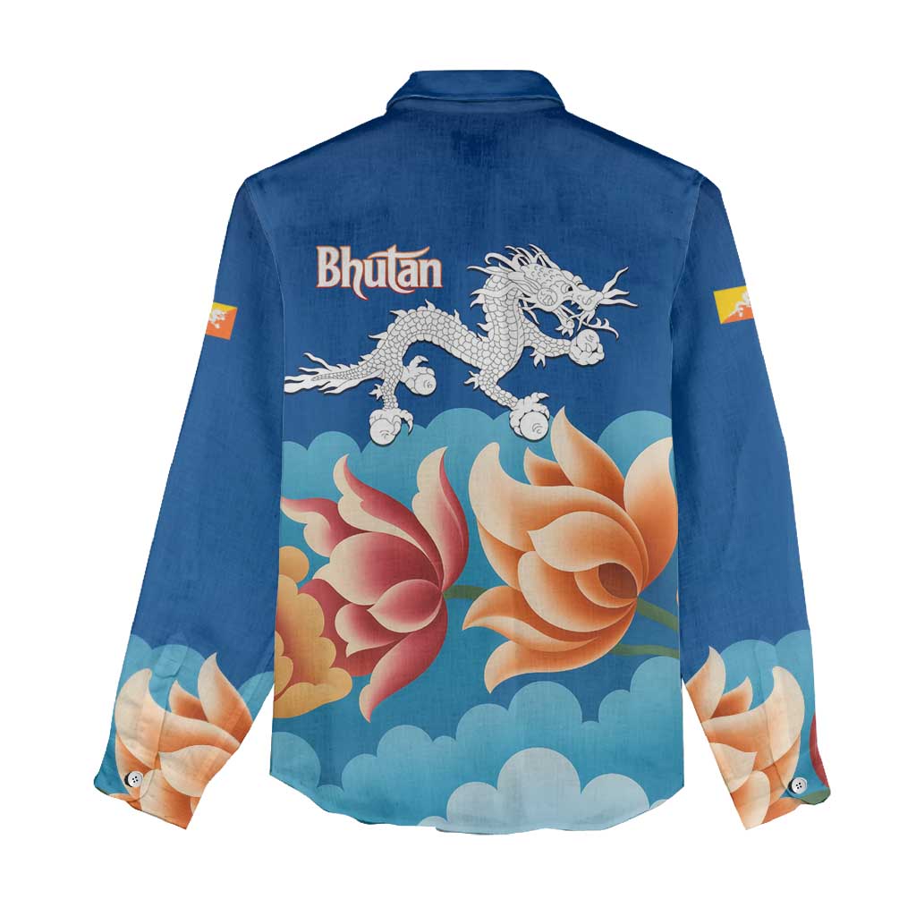 Bhutan Lotus Blossom Women Casual Shirt with White Dragon and Sacred Cloud Harmony