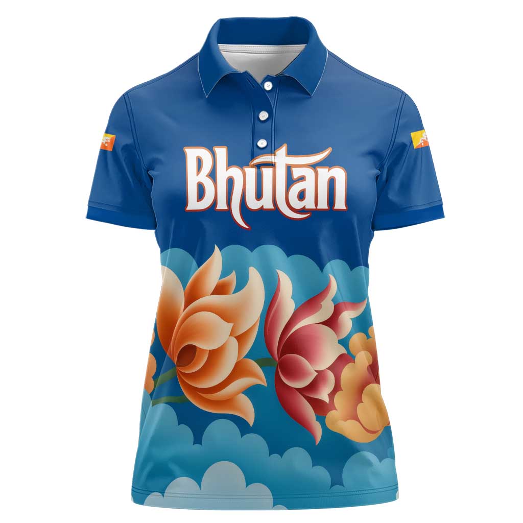 Bhutan Lotus Blossom Women Polo Shirt with White Dragon and Sacred Cloud Harmony