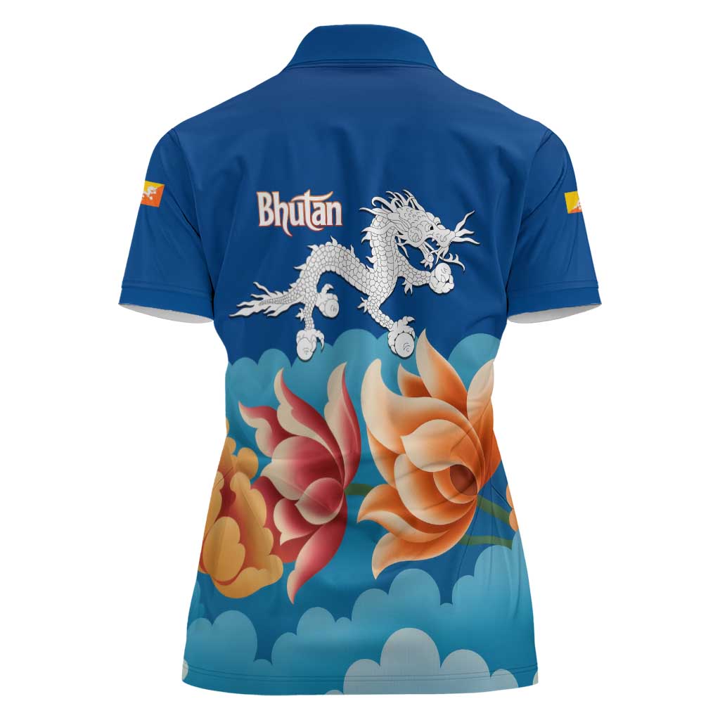 Bhutan Lotus Blossom Women Polo Shirt with White Dragon and Sacred Cloud Harmony