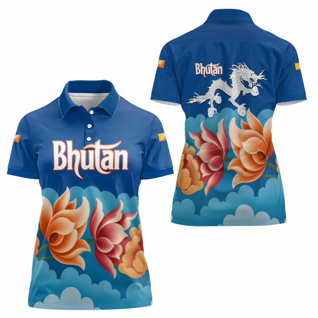 Bhutan Lotus Blossom Women Polo Shirt with White Dragon and Sacred Cloud Harmony