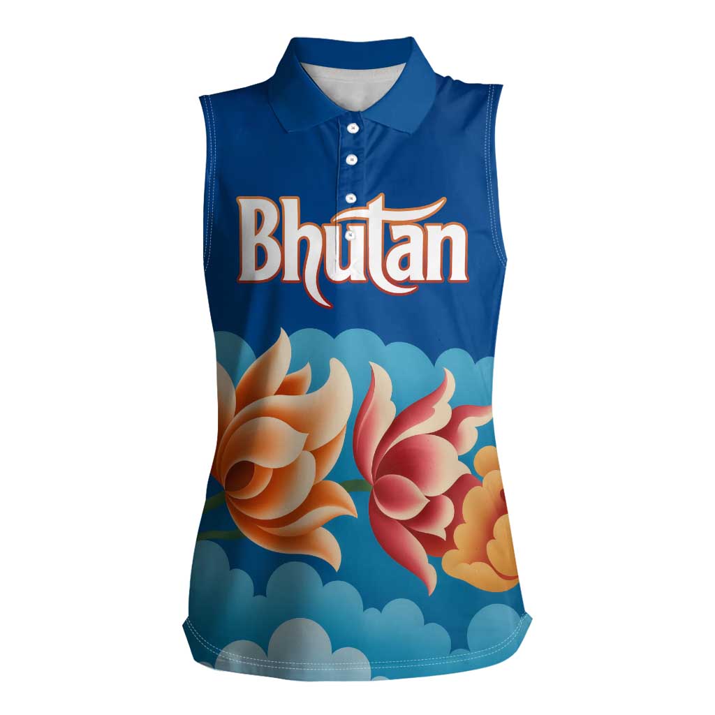 Bhutan Lotus Blossom Women Sleeveless Polo Shirt with White Dragon and Sacred Cloud Harmony