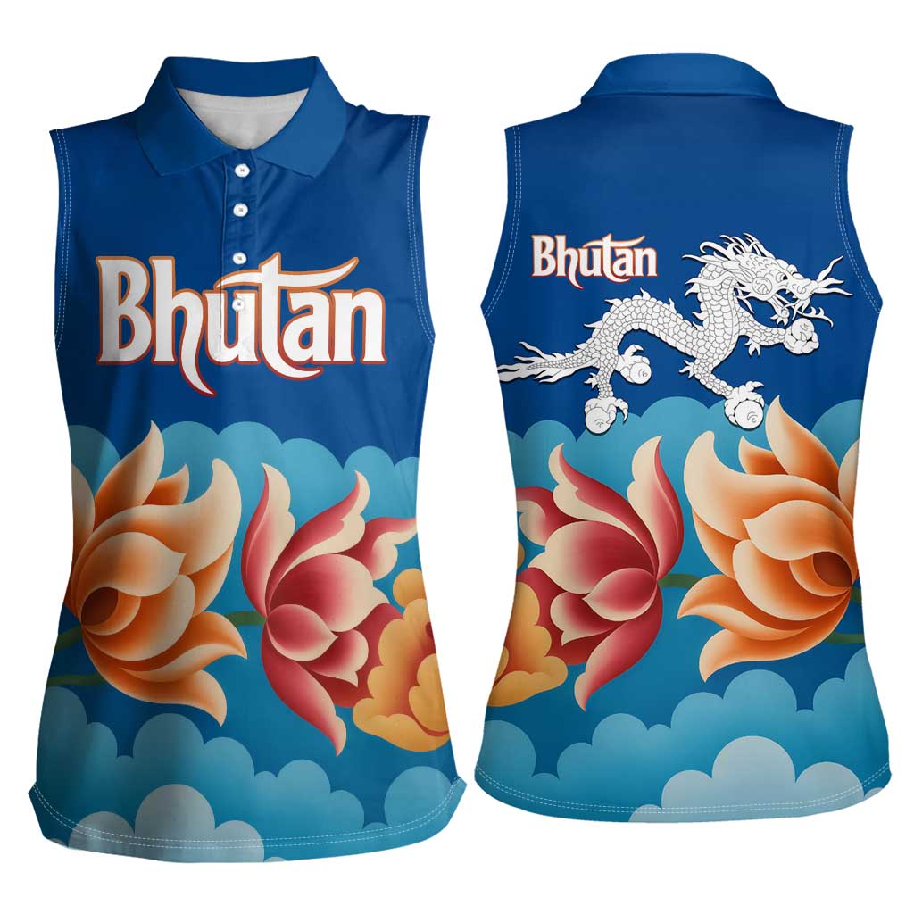 Bhutan Lotus Blossom Women Sleeveless Polo Shirt with White Dragon and Sacred Cloud Harmony