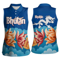 Bhutan Lotus Blossom Women Sleeveless Polo Shirt with White Dragon and Sacred Cloud Harmony
