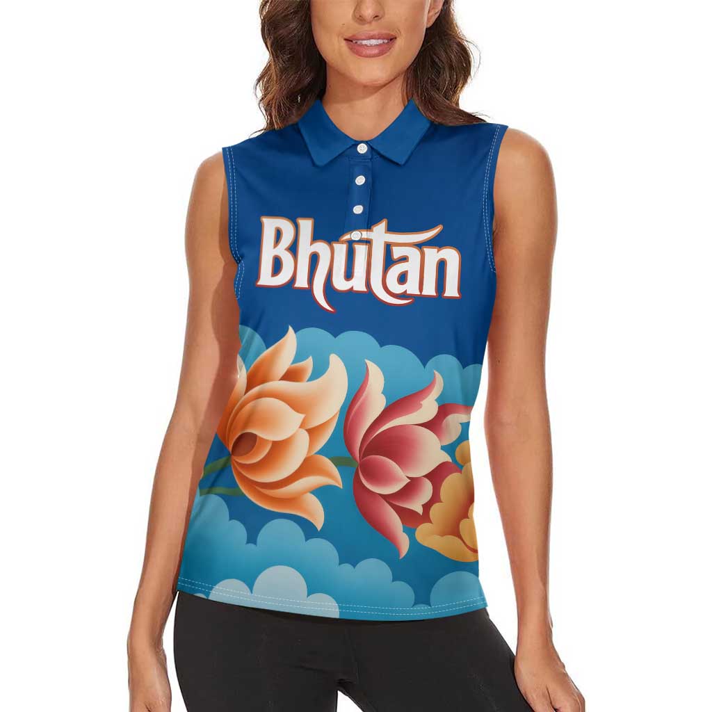 Bhutan Lotus Blossom Women Sleeveless Polo Shirt with White Dragon and Sacred Cloud Harmony