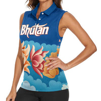 Bhutan Lotus Blossom Women Sleeveless Polo Shirt with White Dragon and Sacred Cloud Harmony