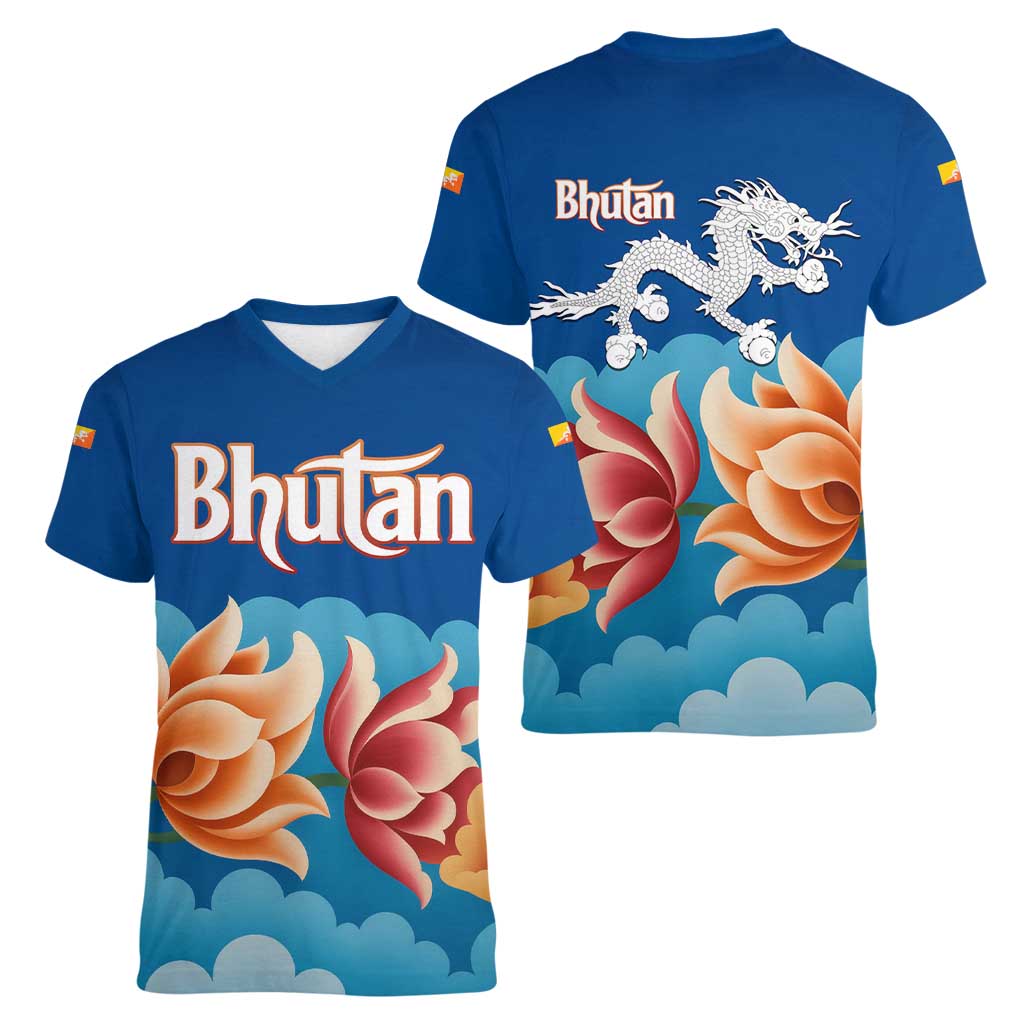Bhutan Lotus Blossom Women V-Neck T-Shirt with White Dragon and Sacred Cloud Harmony