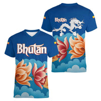 Bhutan Lotus Blossom Women V-Neck T-Shirt with White Dragon and Sacred Cloud Harmony
