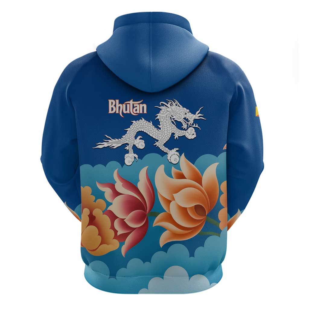 Bhutan Lotus Blossom Zip Hoodie with White Dragon and Sacred Cloud Harmony
