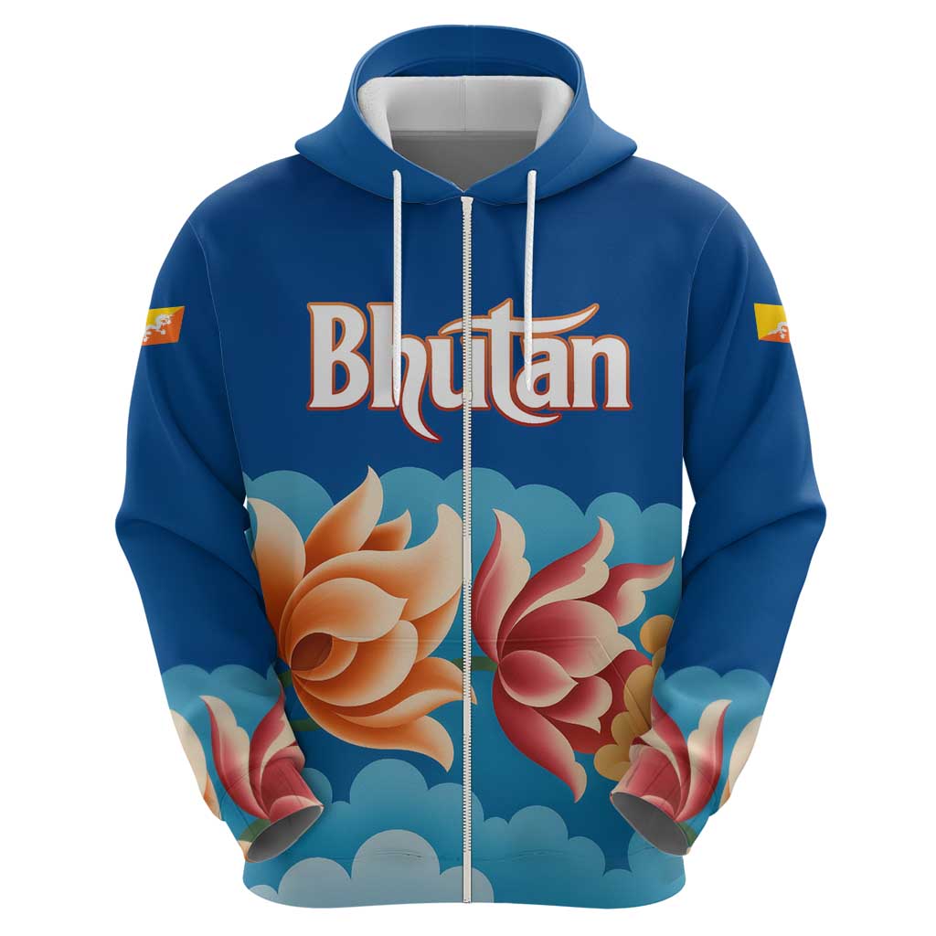 Bhutan Lotus Blossom Zip Hoodie with White Dragon and Sacred Cloud Harmony