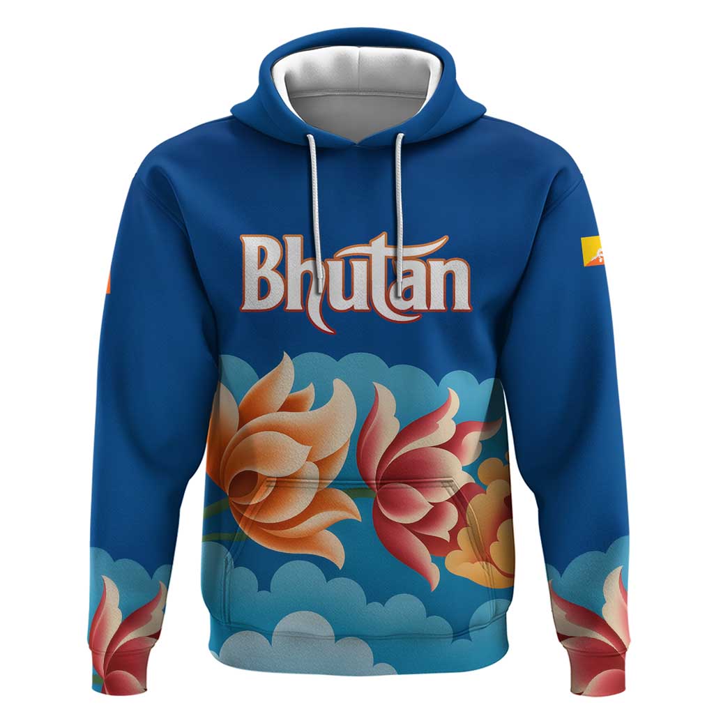 Bhutan Lotus Blossom Zip Hoodie with White Dragon and Sacred Cloud Harmony