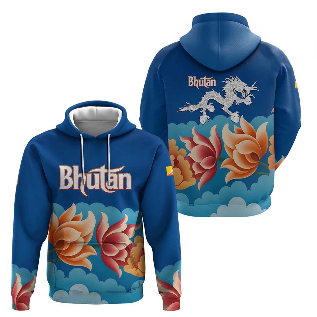 Bhutan Lotus Blossom Zip Hoodie with White Dragon and Sacred Cloud Harmony