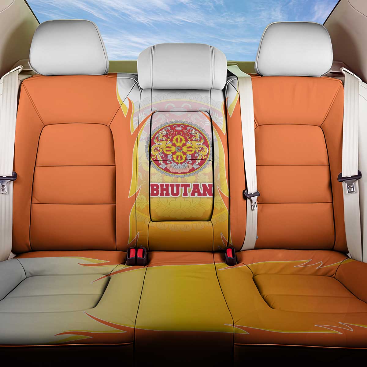 Bhutan Mandala Emblem Back Car Seat Cover with Monastic Orange and Spiritual Harmony