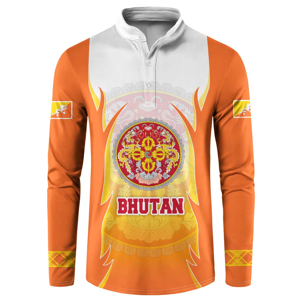 Bhutan Mandala Emblem Button Sweatshirt with Monastic Orange and Spiritual Harmony