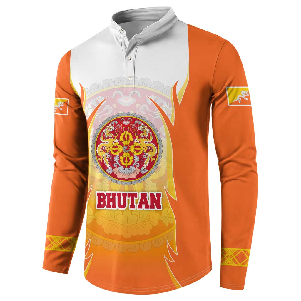 Bhutan Mandala Emblem Button Sweatshirt with Monastic Orange and Spiritual Harmony